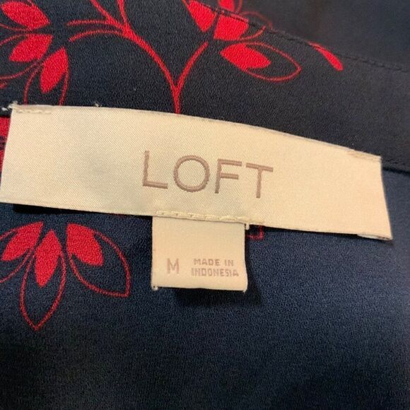 Loft Navy Blue Red Leaf Print Tie Neck Cold Shoulder Long Sleeve Top Medium - Picture 11 of 12